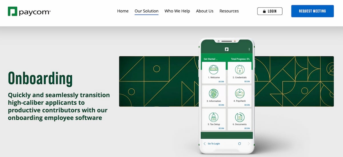 A screenshot of the Paycom website. It shows the onboarding mobile app layout.
