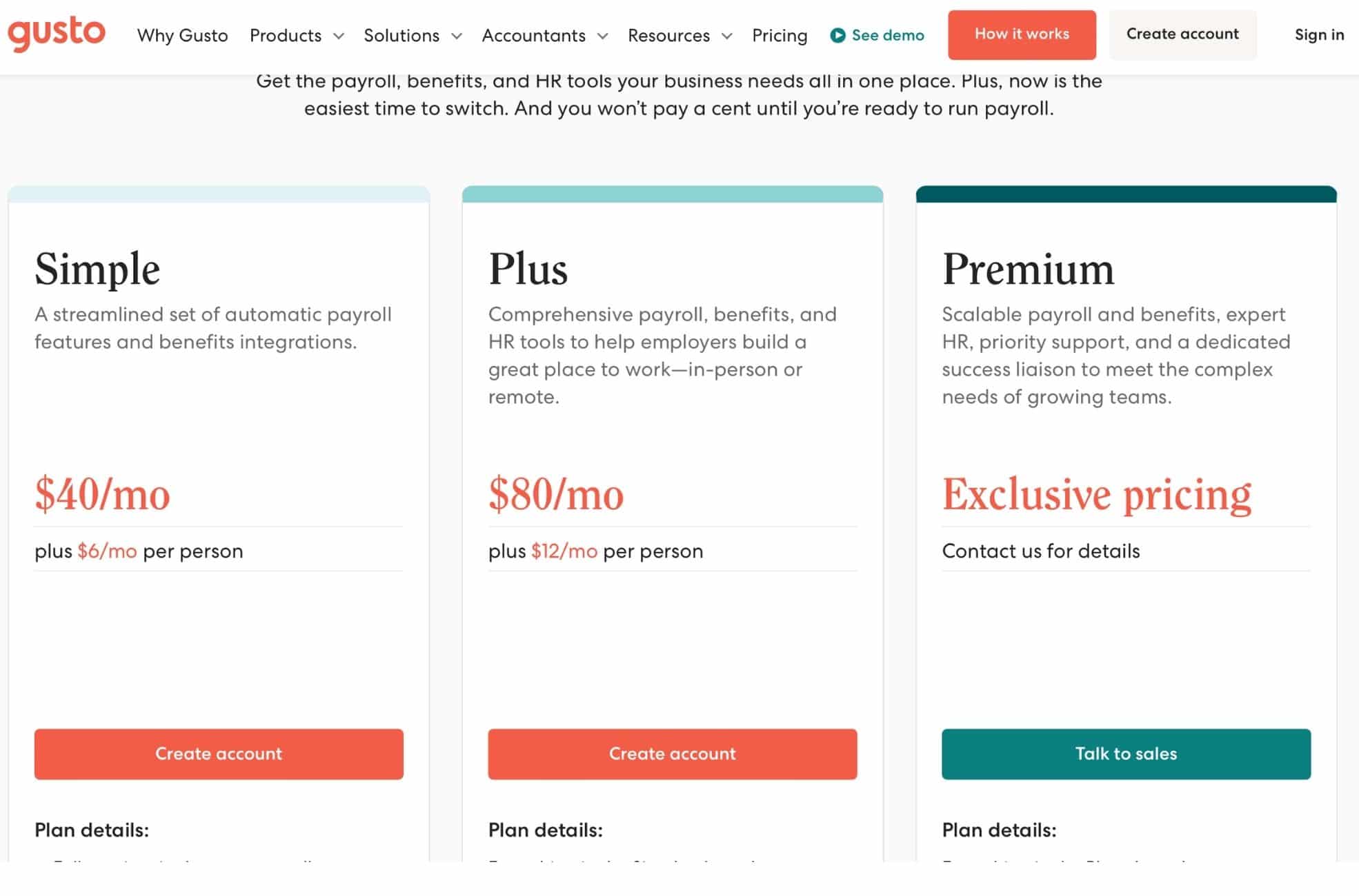 Screenshot Of Gusto Software Pricing