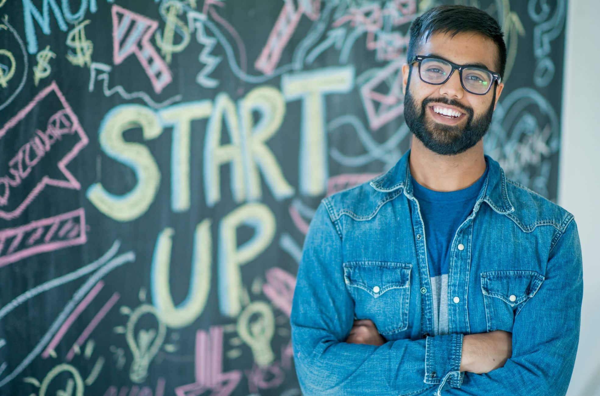 Man With Chalkboard Of Business Ideas For Startup