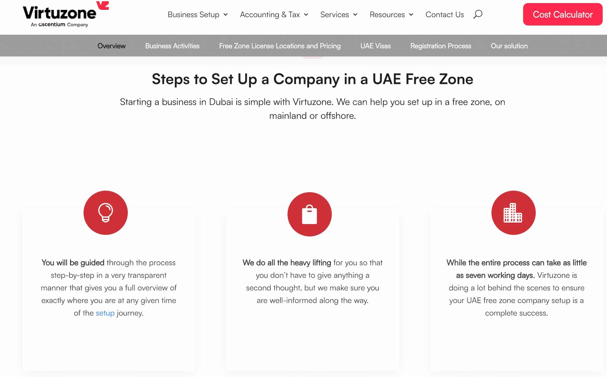 A screenshot from Virtuzone's page showing the advantages of engaging the help of a business setup specialist.