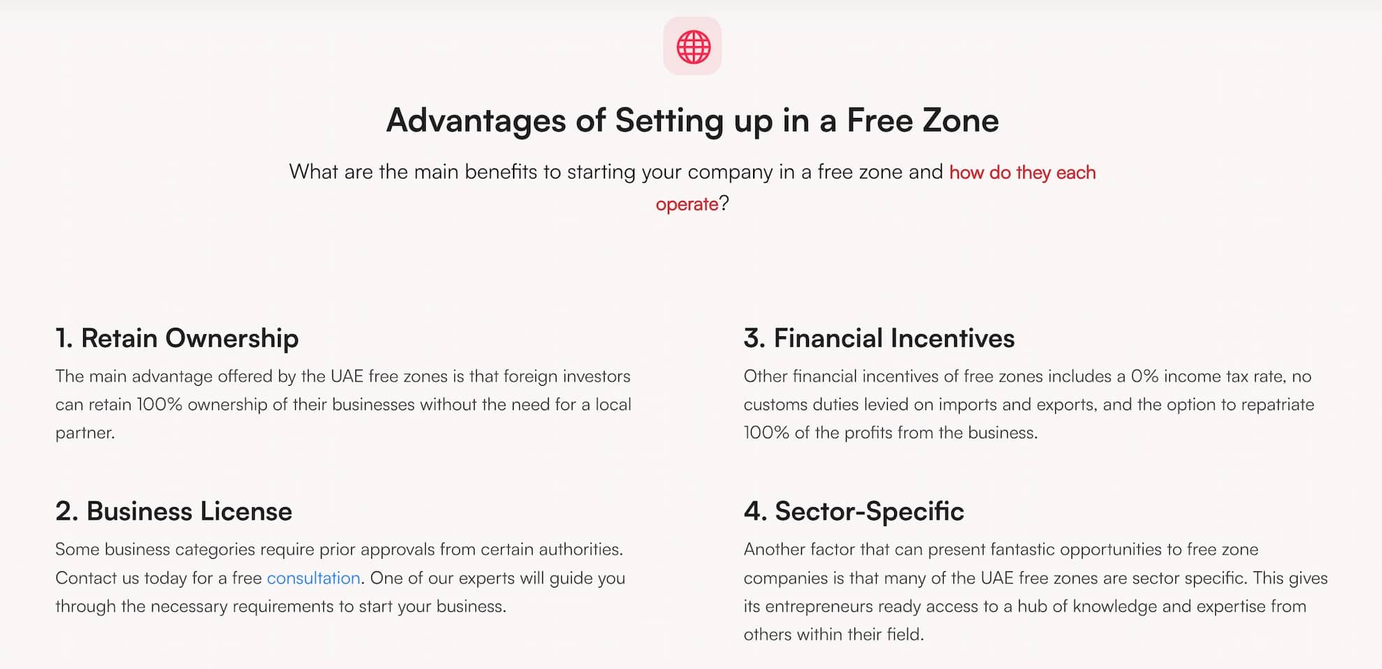 A screenshot from the Virtuzone website of the advantages of setting up a company in a UAE free zone.