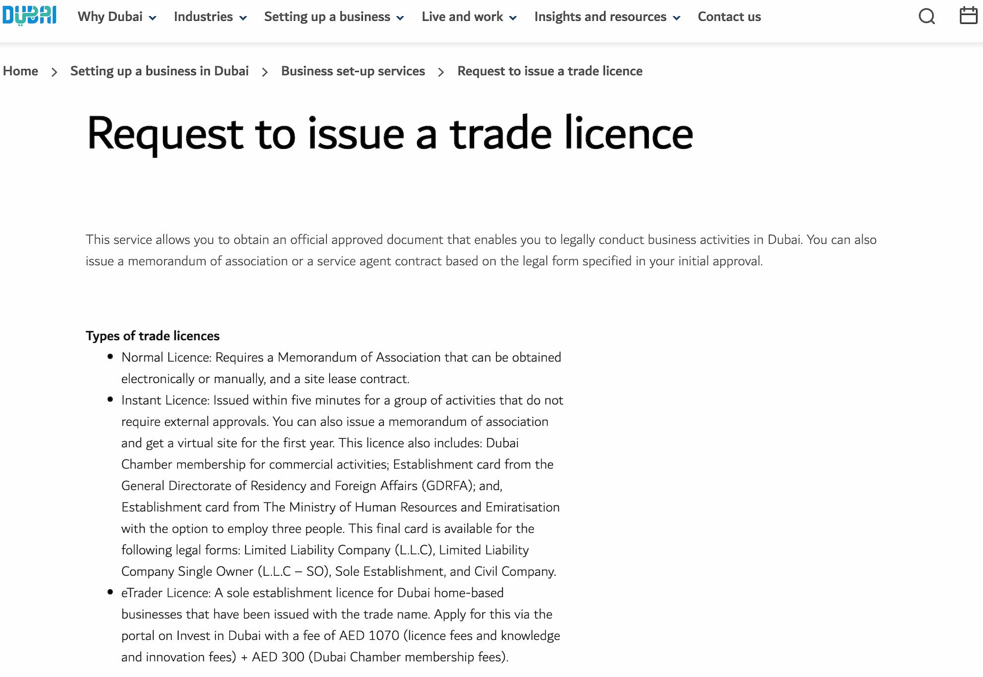 Accessing DET’s e-Trader licence application page via the Invest in Dubai portal to see the costs involved with applying.