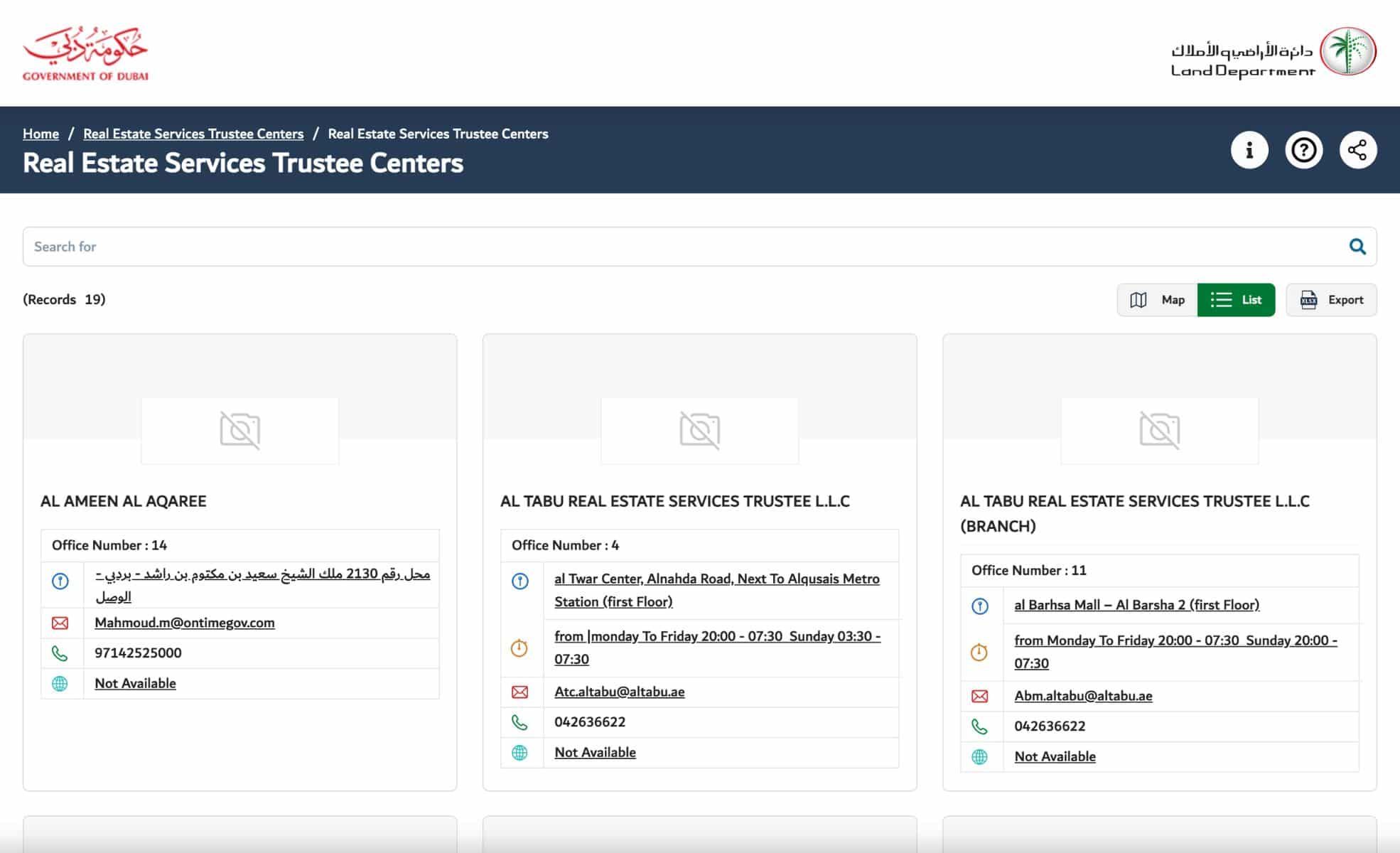 Screenshot Of Dubai Land Website For Real Estate Services Trustees Centers