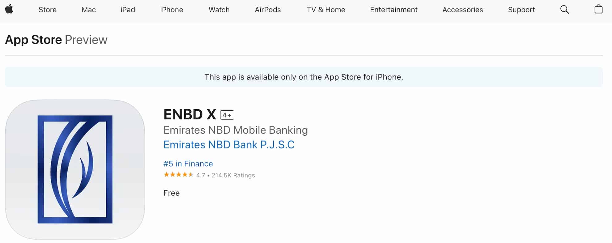 A screenshot of the apple app store's app for 'Emirates NBD Mobile App'.