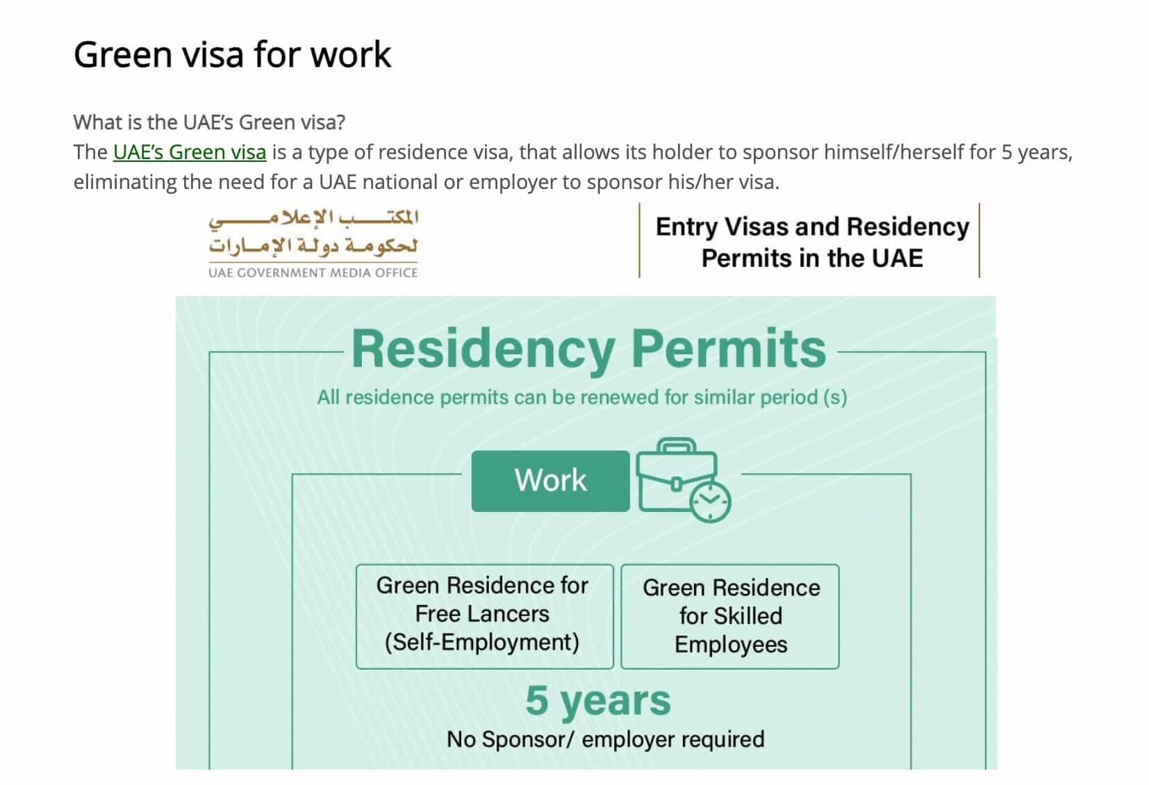 The green visa residency permit for work in the UAE.