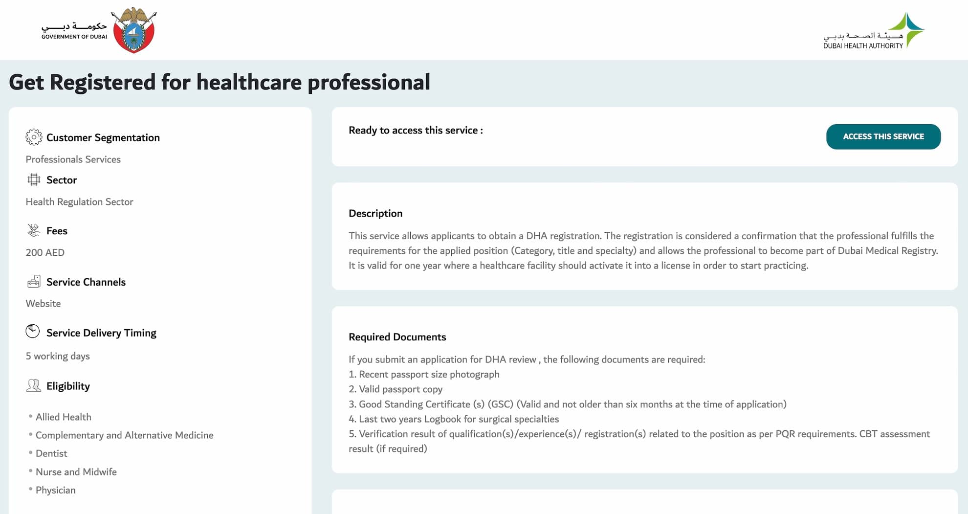 A screenshot from the DHA's website, detailing the registration process for a DHA licence for healthcare professionals.