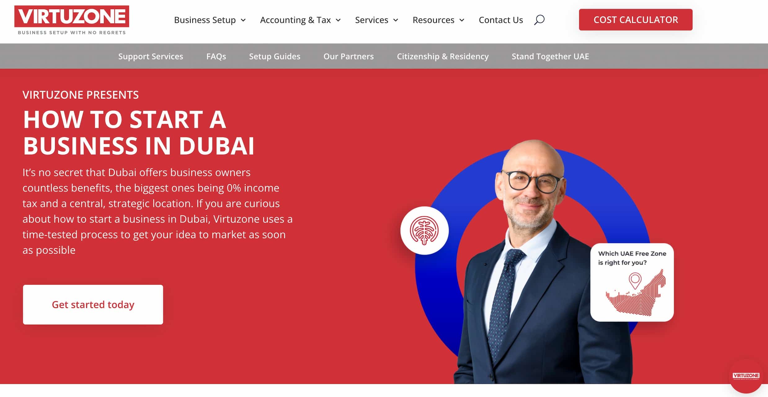 A screenshot from the Virtuzone website of the 'How to start a business in Dubai' page.