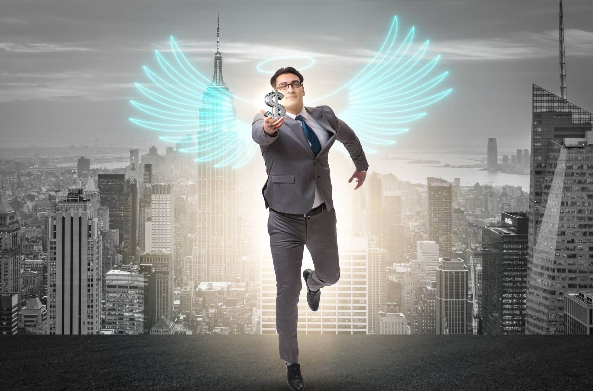 Man Running Wearing Angel Wings Holding Money