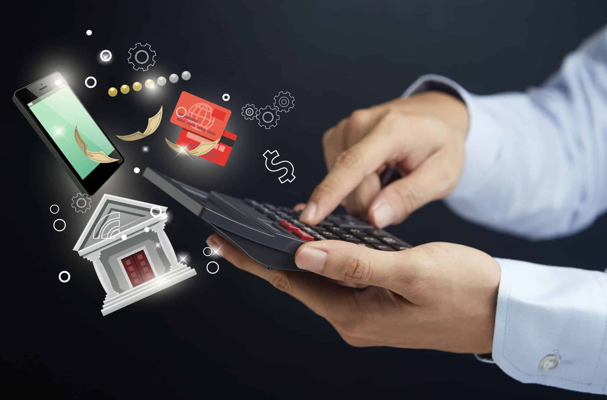 Man Using Calculator With Banking Symbols