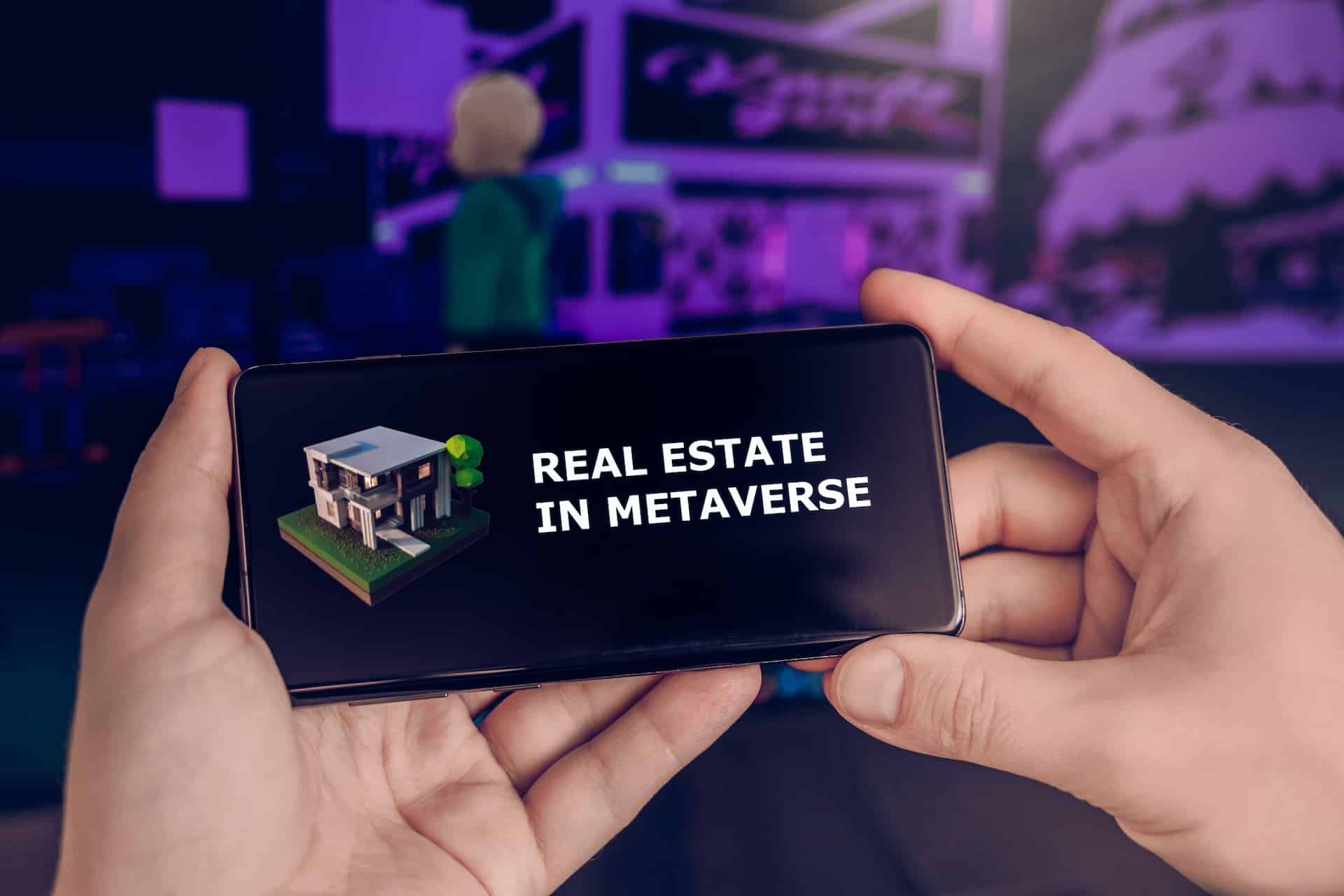 Image of a smartphone with the words real estate in metaverse