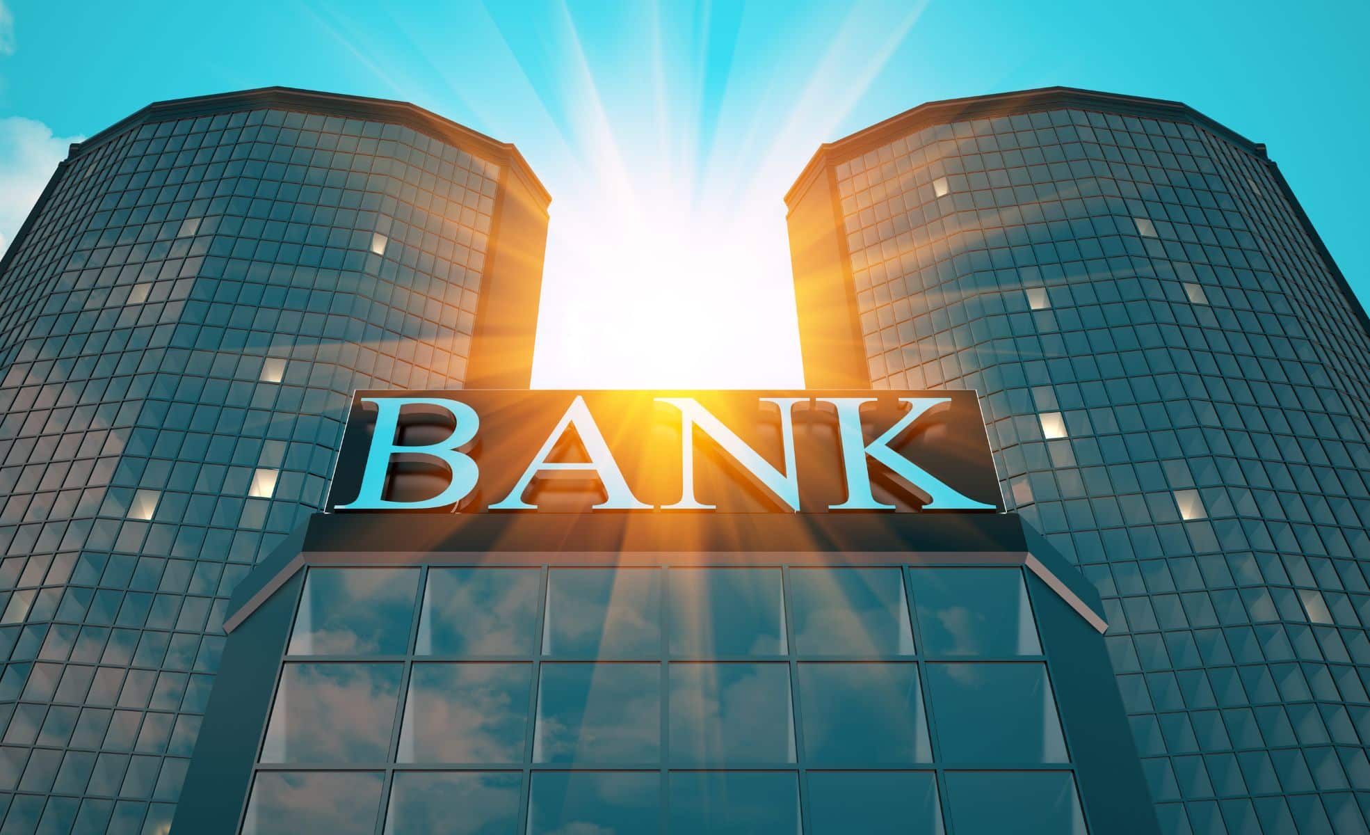 Buildings With Sign Saying "Bank" In Front