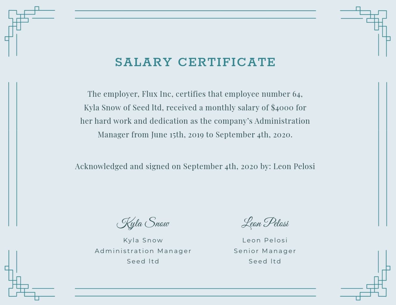 A picture of a mock-up salary certificate in the UAE.