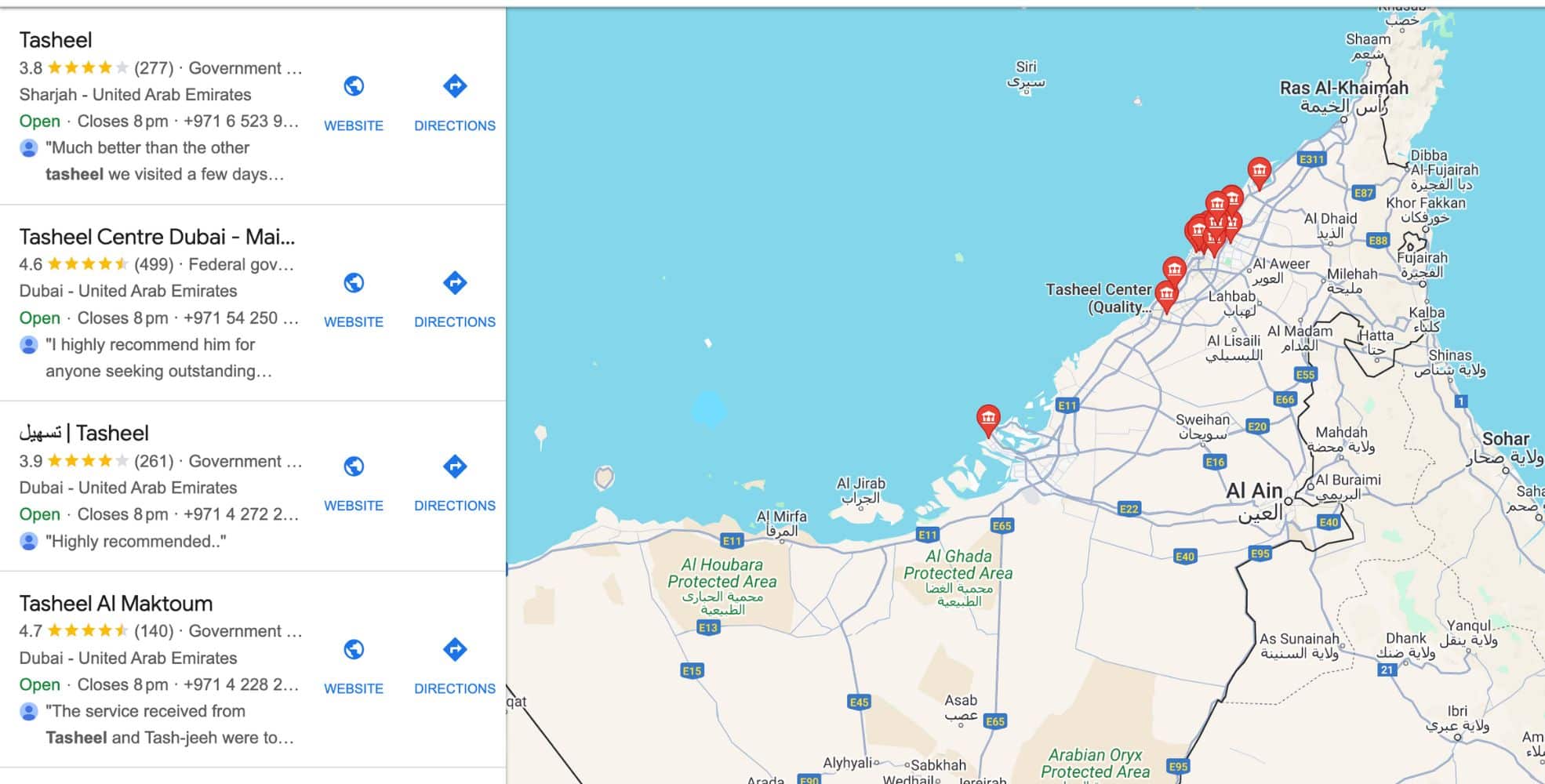 Screenshot Of Tasheel Locations Via Google