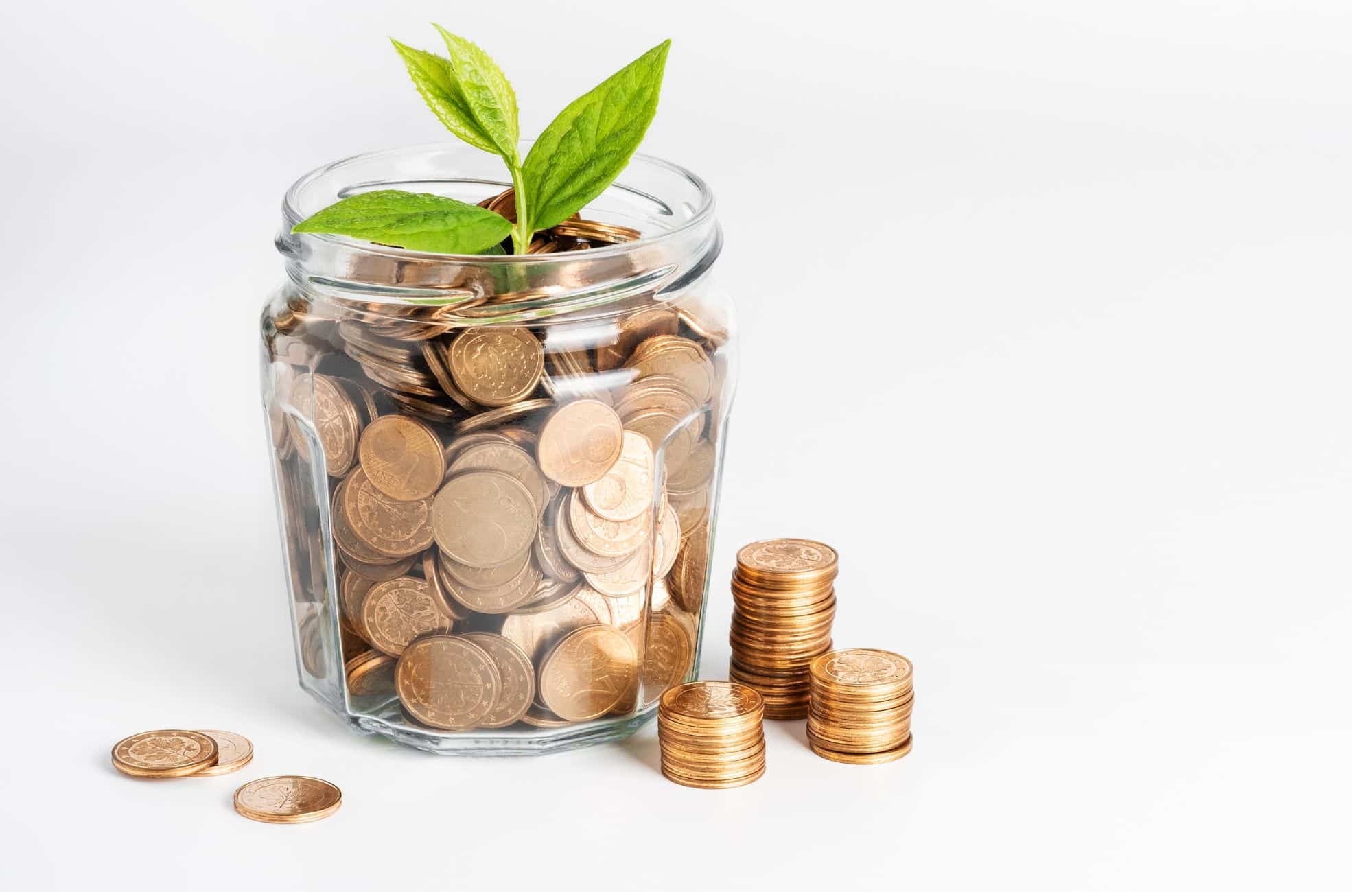 Seedling Growing Out Of Jar Of Coins