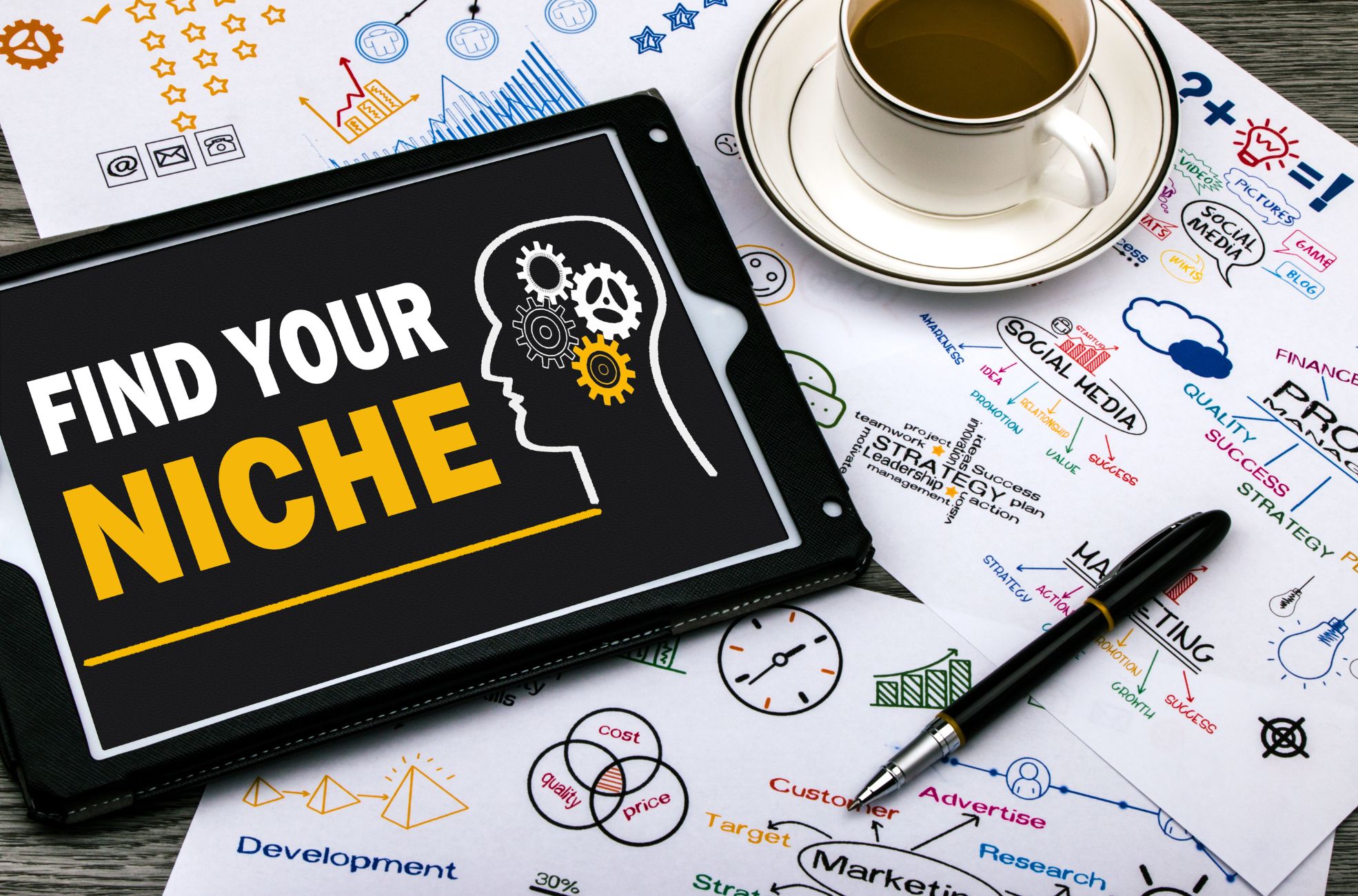 Niche Marketing Side Hustle Plans With Pen And Coffee
