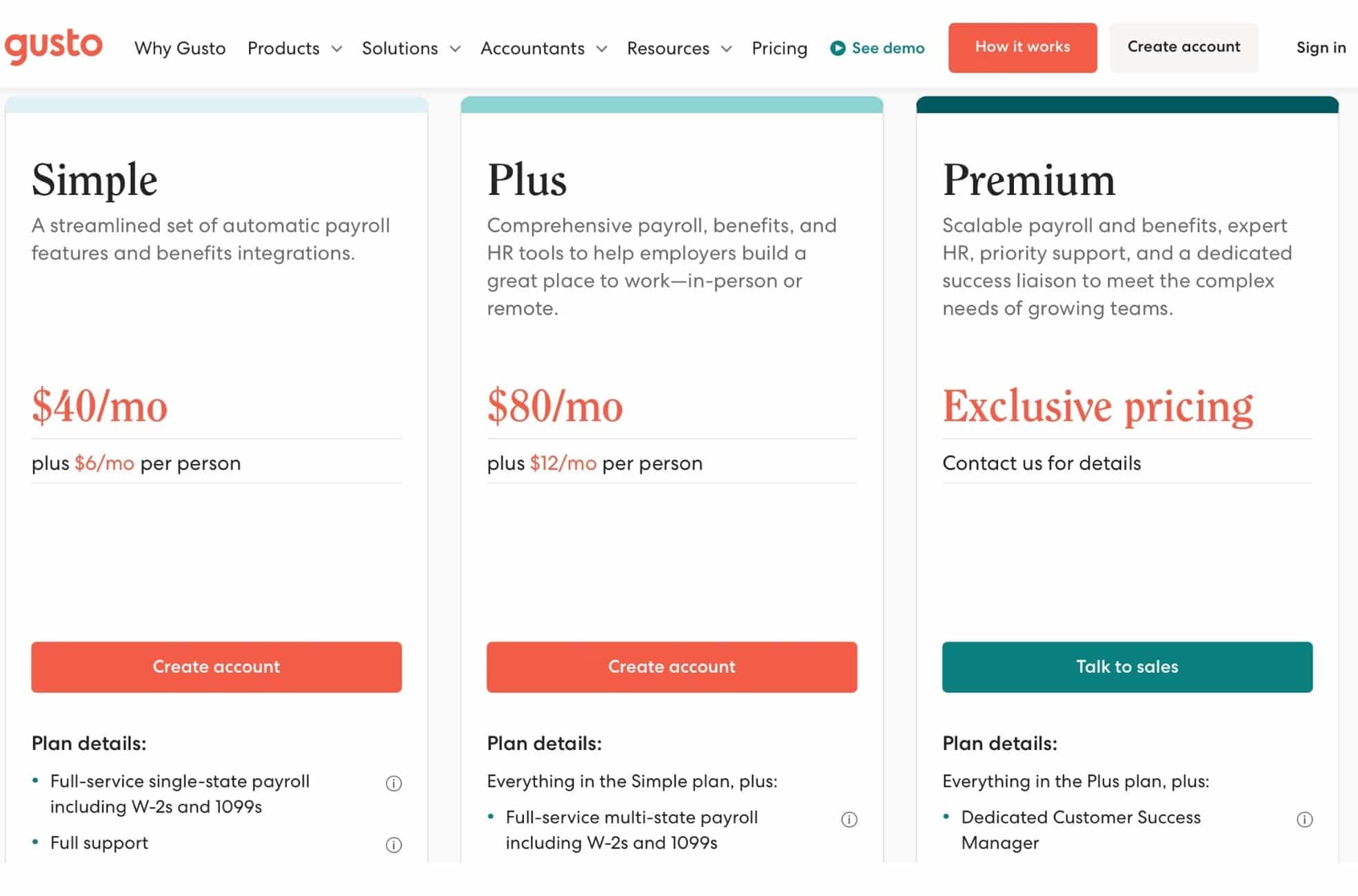 Screenshot Of Gusto Pricing Options For HR Software
