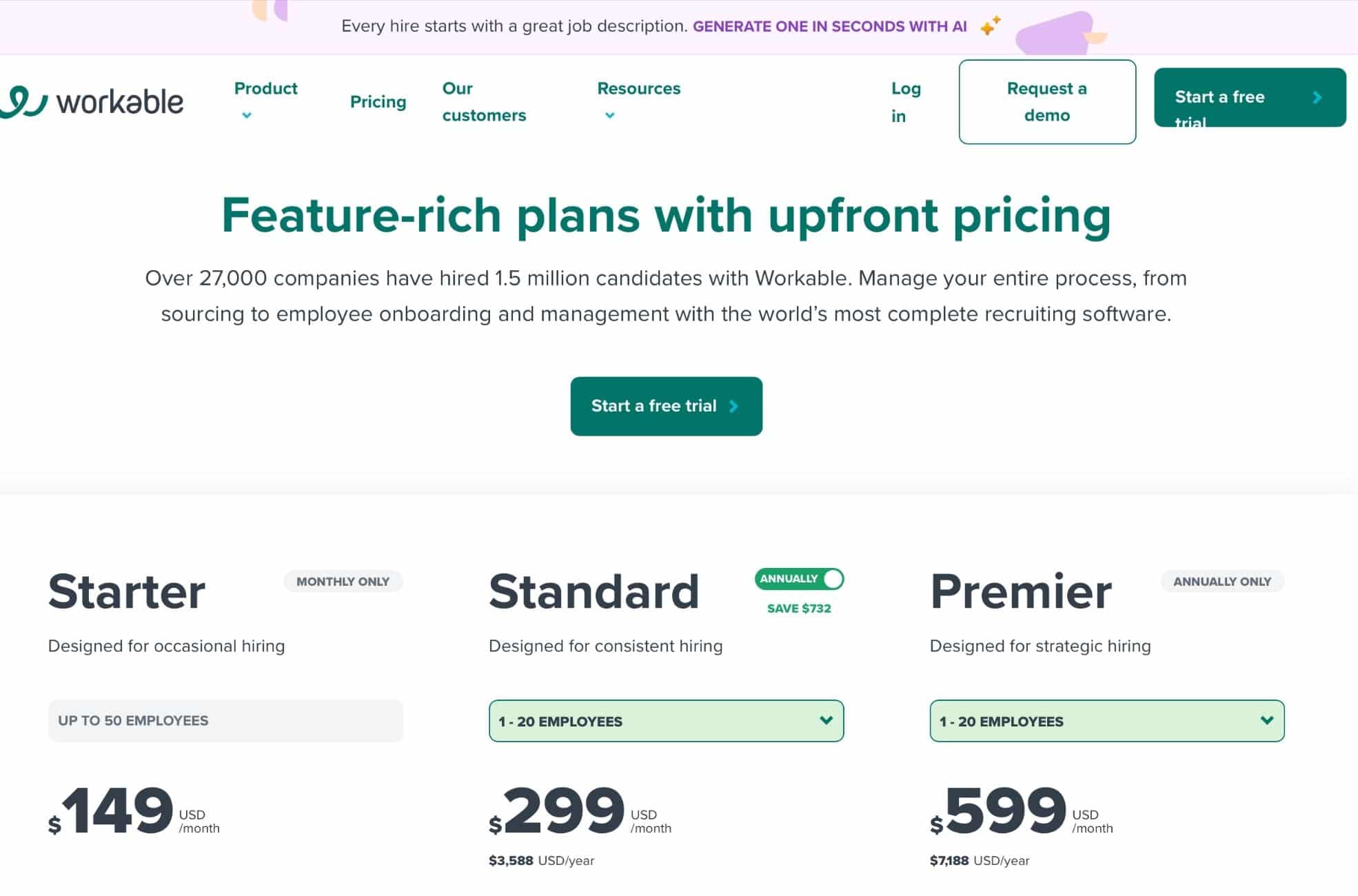 Screenshot Of Workable Pricing For HR Software