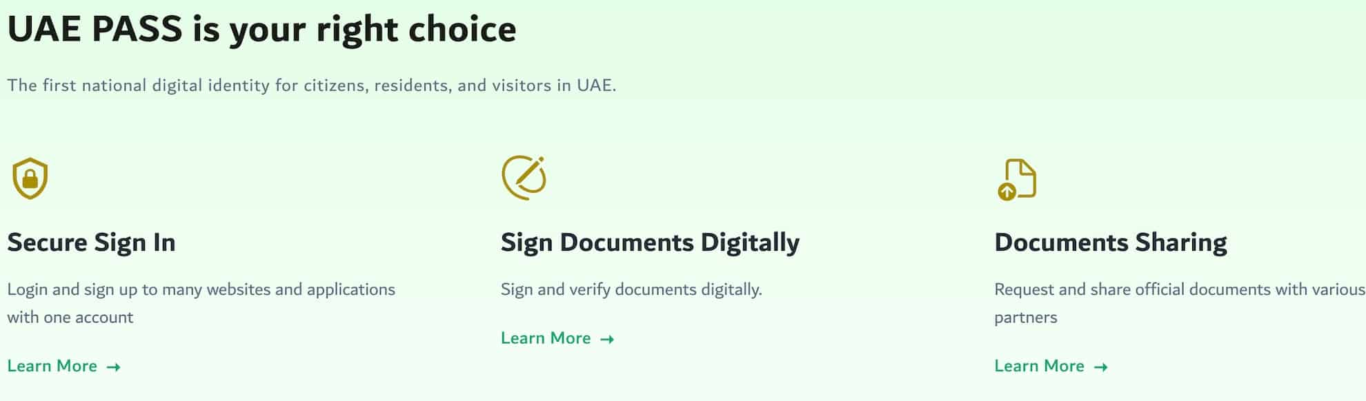 A screenshot from the official UAE Pass website, detailing the benefits of the UAE Pass.
