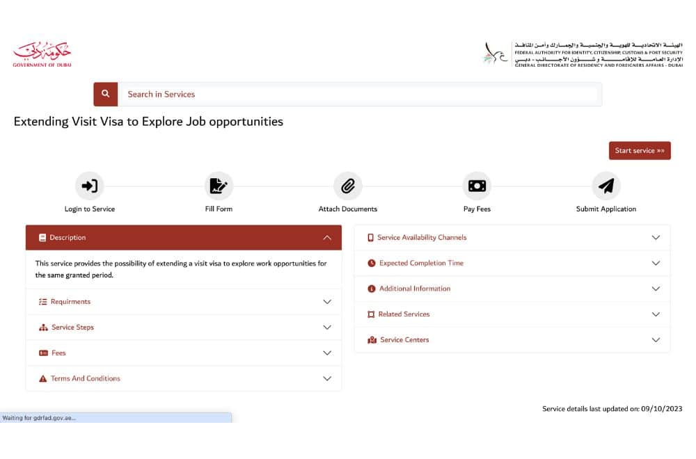 Screenshot Of Government Of Dubai Website For Visit Visa Extension