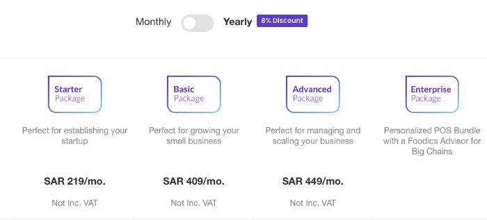 A screenshot of Foodics pricing options.