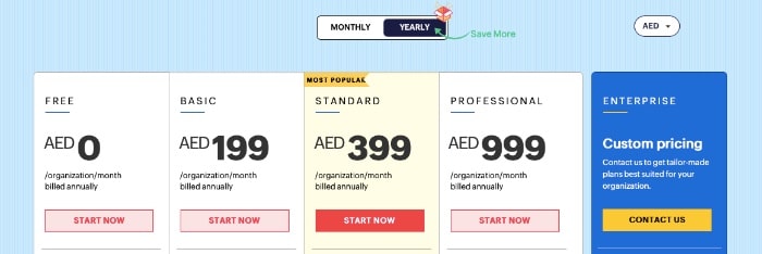 A screenshot of Zoho People pricing options.