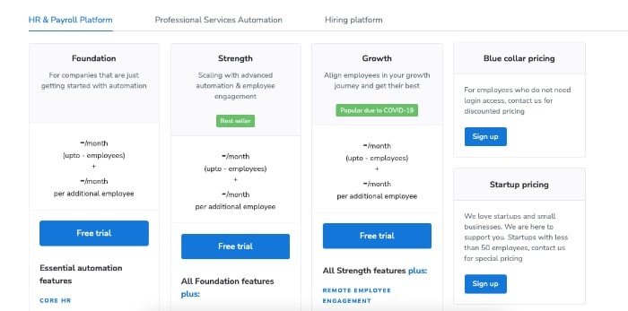 A screenshot of Keka pricing options.
