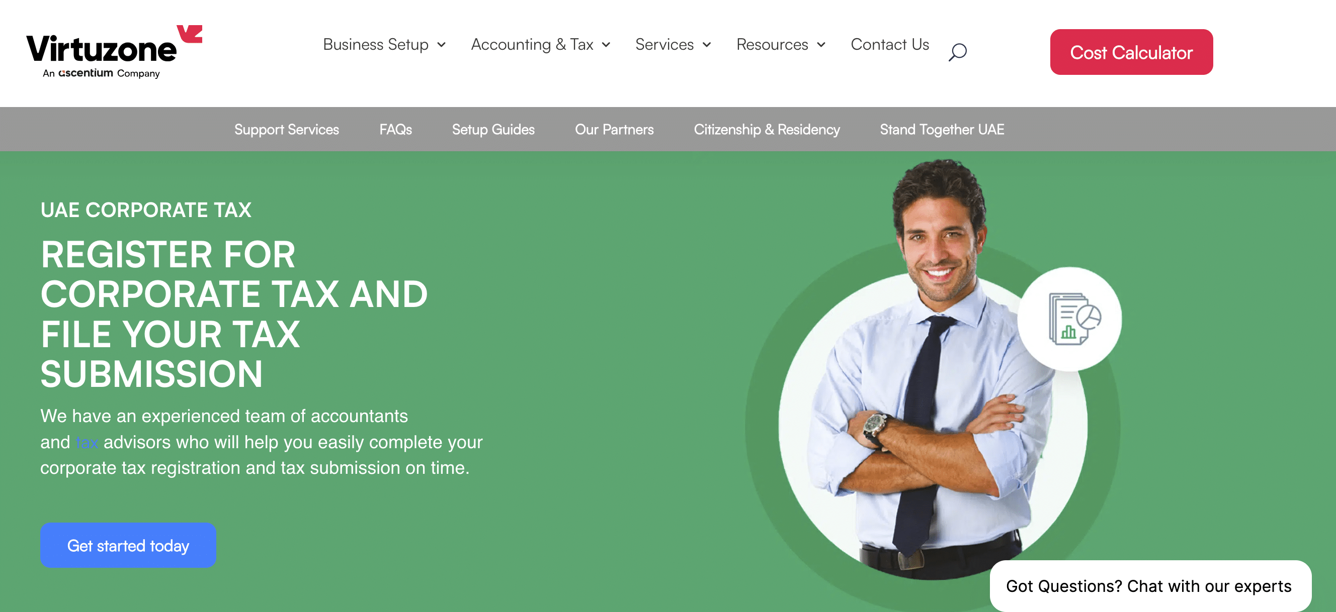 A screenshot from Virtuzone's website which shows their corporate tax services.