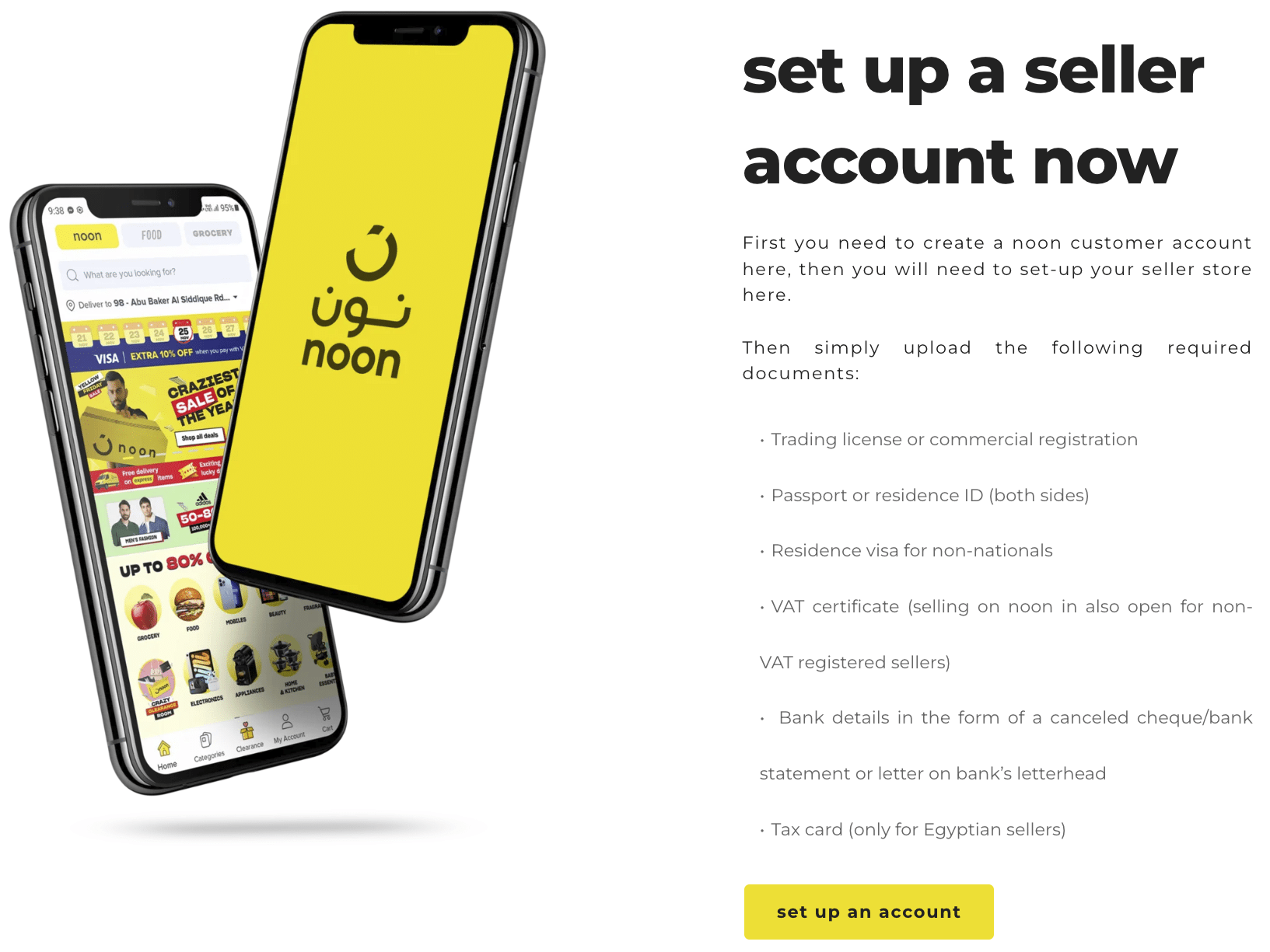 A screenshot from the Noon website, detailing the documents you need to setup a seller account.