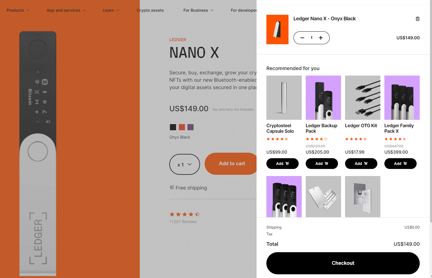 Screenshot of Ledger Nano X fees, pricing and payment options.