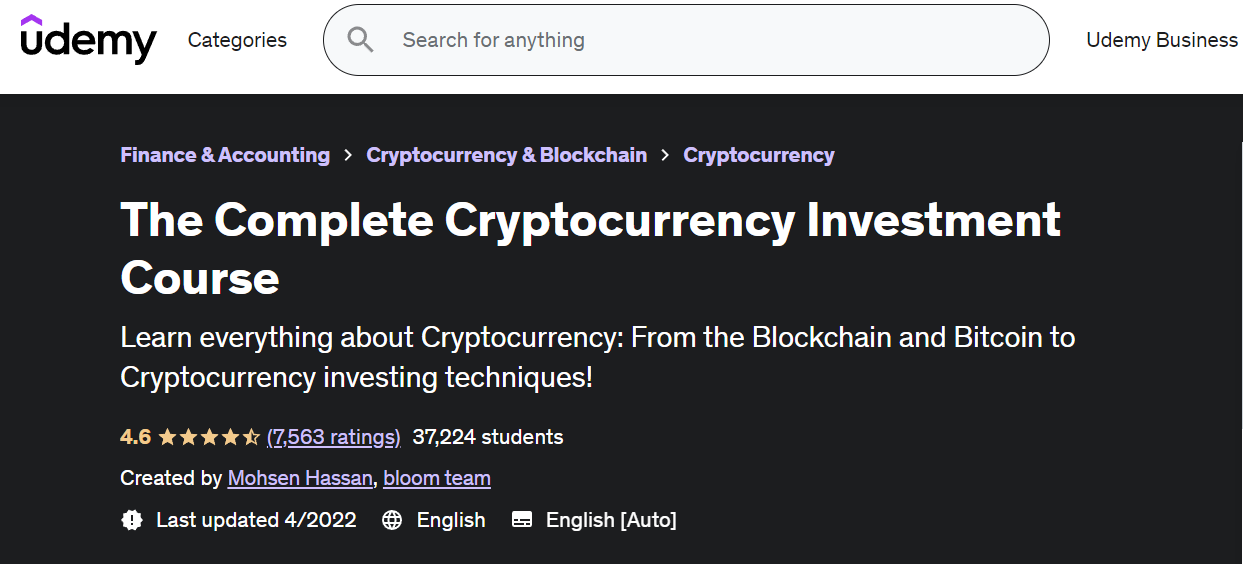 A screenshot of Udemy- the best crypto trading g course for beginners.