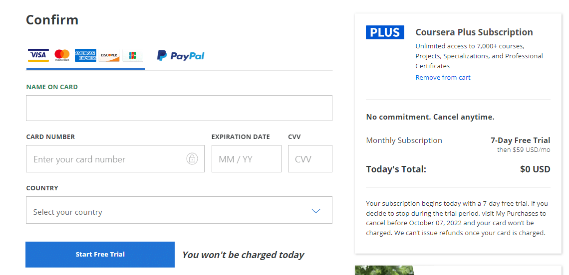 A screenshot of the Coursera payment options and pricing.