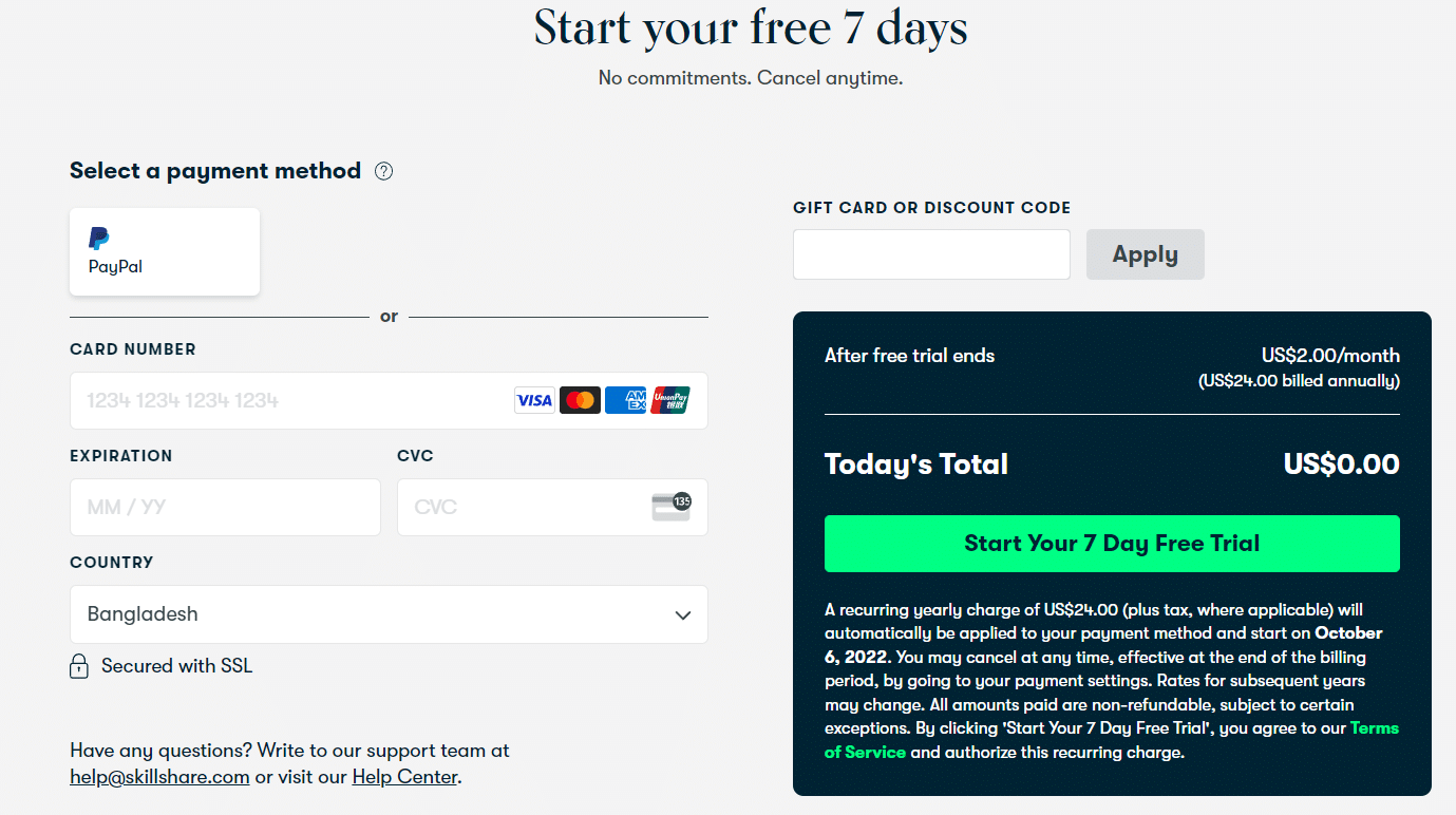 A screenshot of Skillshare's free trial offer.