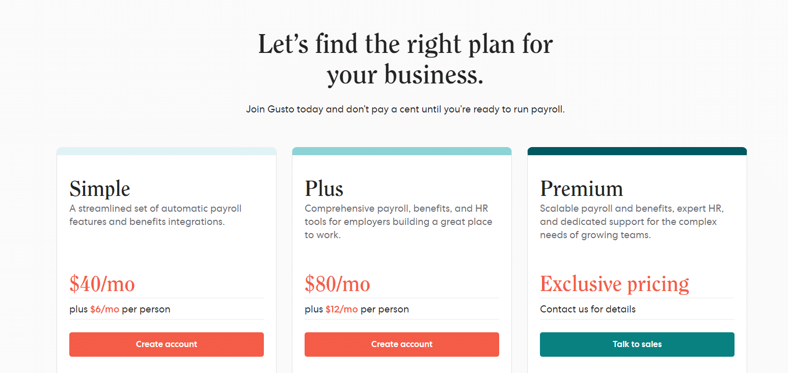 A screenshot of Gusto payroll payment and pricing options