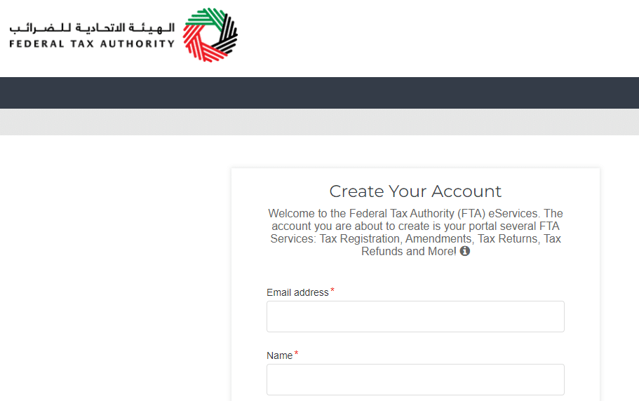A screenshot of how to create an account with the Federal Tax Authority.