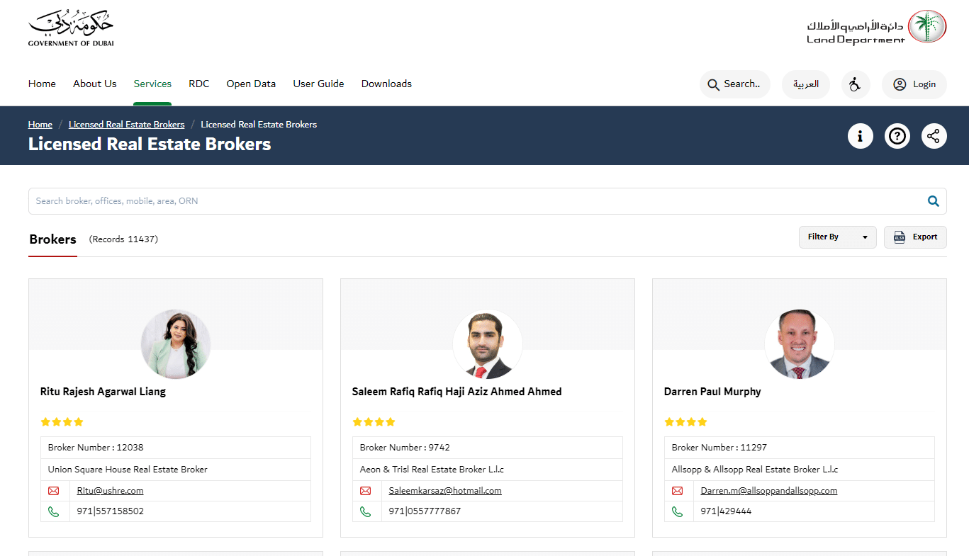 A screenshot of licences real estate brokers in Dubai.