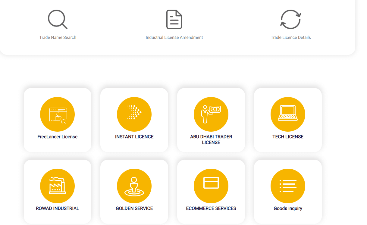 A screenshot of business activity and license types in Abu Dhabi.