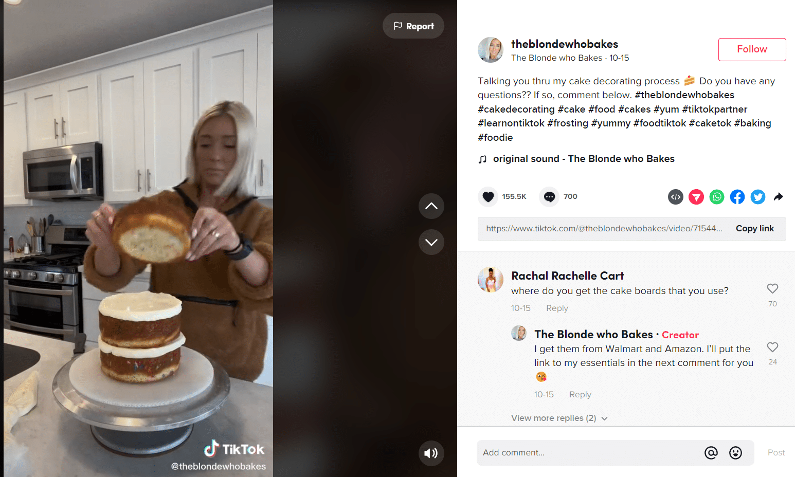 A screenshot of a popular account called "theblondewhobakes".