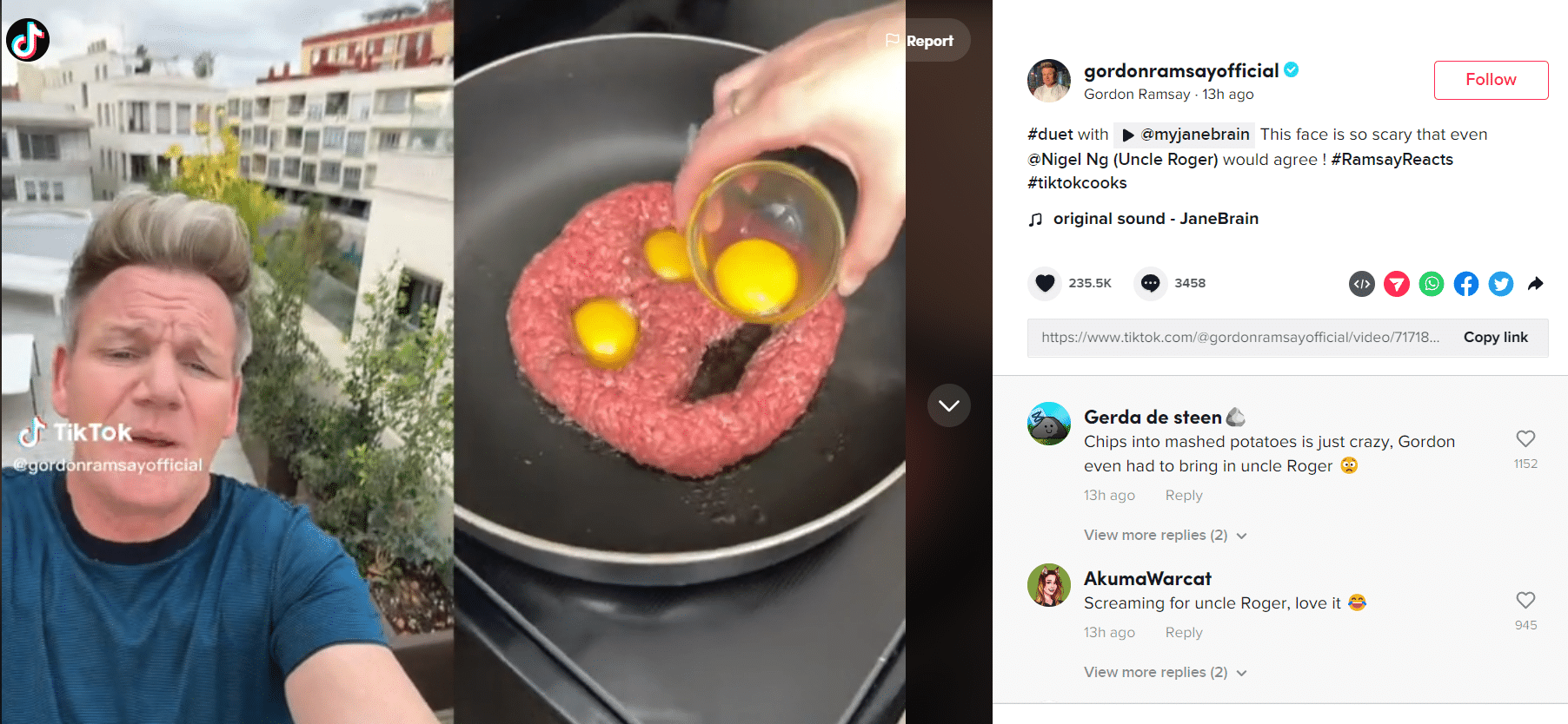A screenshot of Gordon Ramsay getting more views on tiktok than other celebrity chefs.