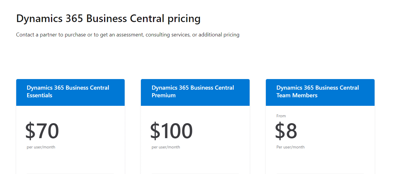 A screenshot of Microsoft Dynamics 365 Business Central pricing options.