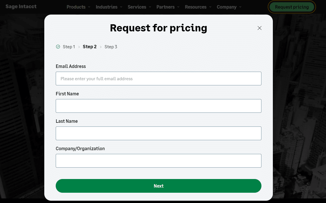 A screenshot of a Sage Intacct pricing information request form.