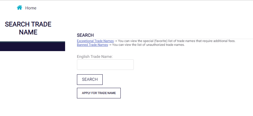 A screenshot of how to apply for a trade name.
