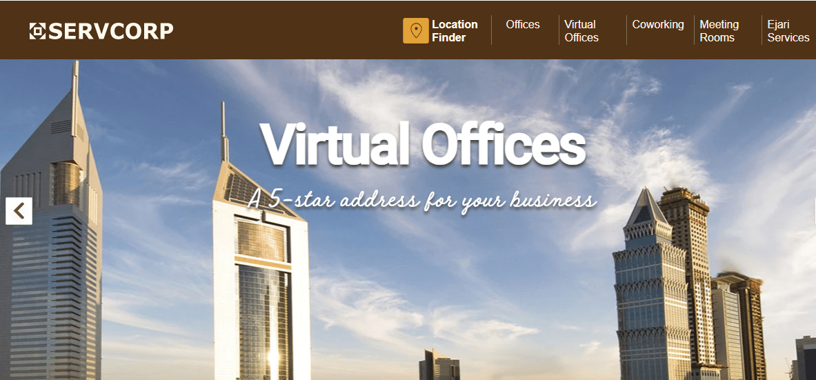 A screenshot of Servcop- a company which sets up virtual offices in Dubai.