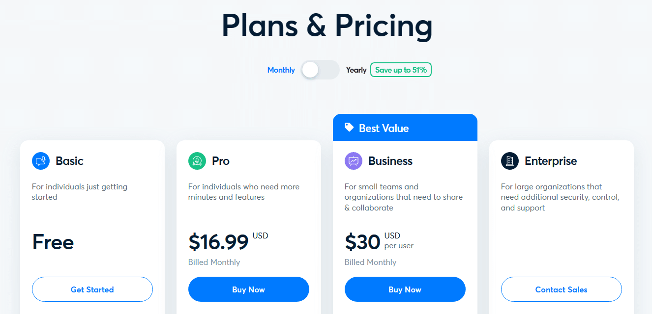 A screenshot of Otter pricing options.
